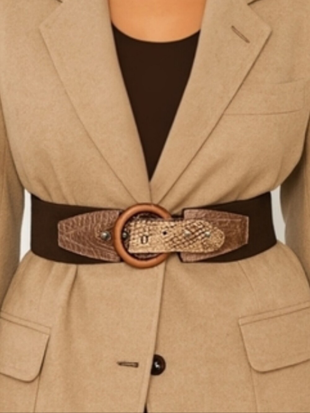 Olsen Europe Wide Stretch Belt Snakeskin Embossed Leather Wood Ring US 10 - Picture 1 of 6